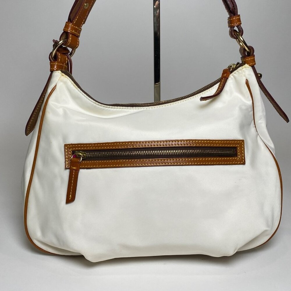 Dooney & Burke Nylon Hobo Shoulder Bag Purse White Brown Leather Handle Duck Tag - Picture 4 of 12
